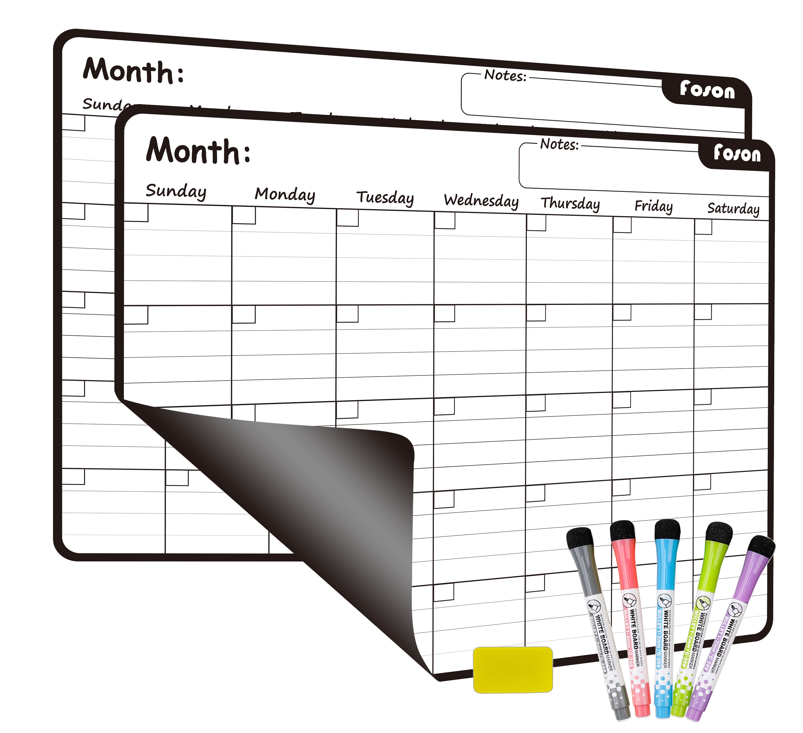 Foson Magnetic Dry Erase Calendar for Refrigerator x2 PCS - 17x13'' Jumbo Monthly Fridge Planner Whiteboard Kit with 5 Fine Point Markers
