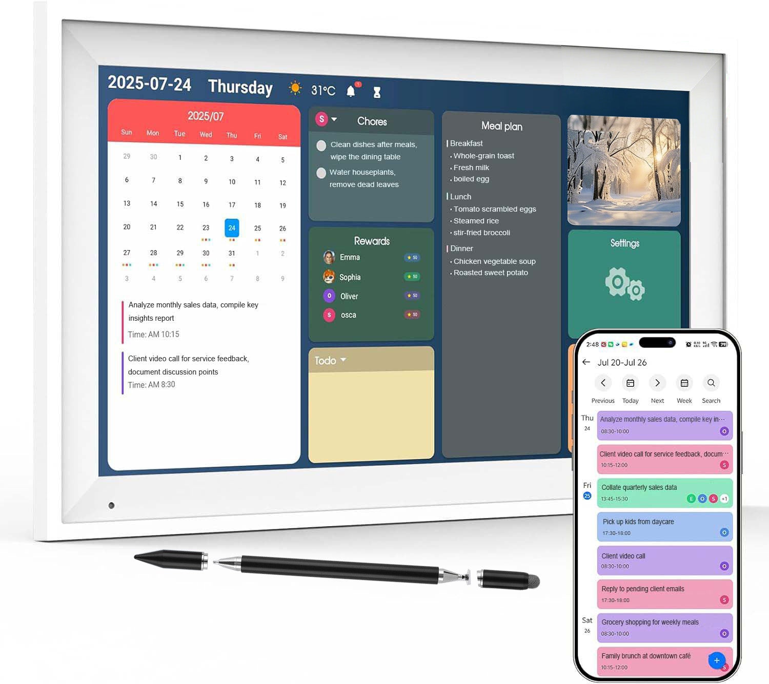 Foson 15.6" Smart Digital Calendar & Chore Chart, 1920x1080 Touchscreen - 64GB WiFi, Multi-Calendar Sync, Family Meal Planner & Art Gallery Mode, Wall/Desk Mountable, (White) w/ 3-in-1 Stylus & Screen Protector