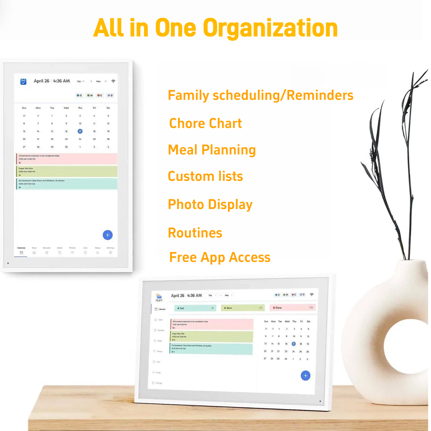 Foson 15.6" Smart Digital Calendar & Chore Chart, 1920x1080 Touchscreen - 64GB WiFi, Multi-Calendar Sync, Family Meal Planner & Art Gallery Mode, Wall/Desk Mountable, (White) w/ 3-in-1 Stylus & Screen Protector