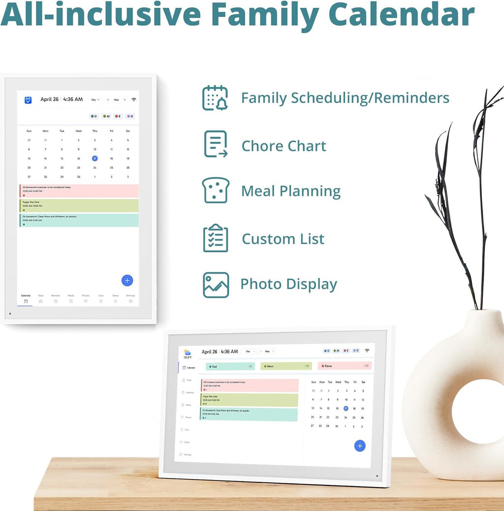 15.6 Inch Smart Digital Calendar Touch Screen - 2-Way Sync Google/iCloud/Outlook, Family Organizer Chore Chart with App for Meal Planning & Photo Share, Wall Mount/Tabletop