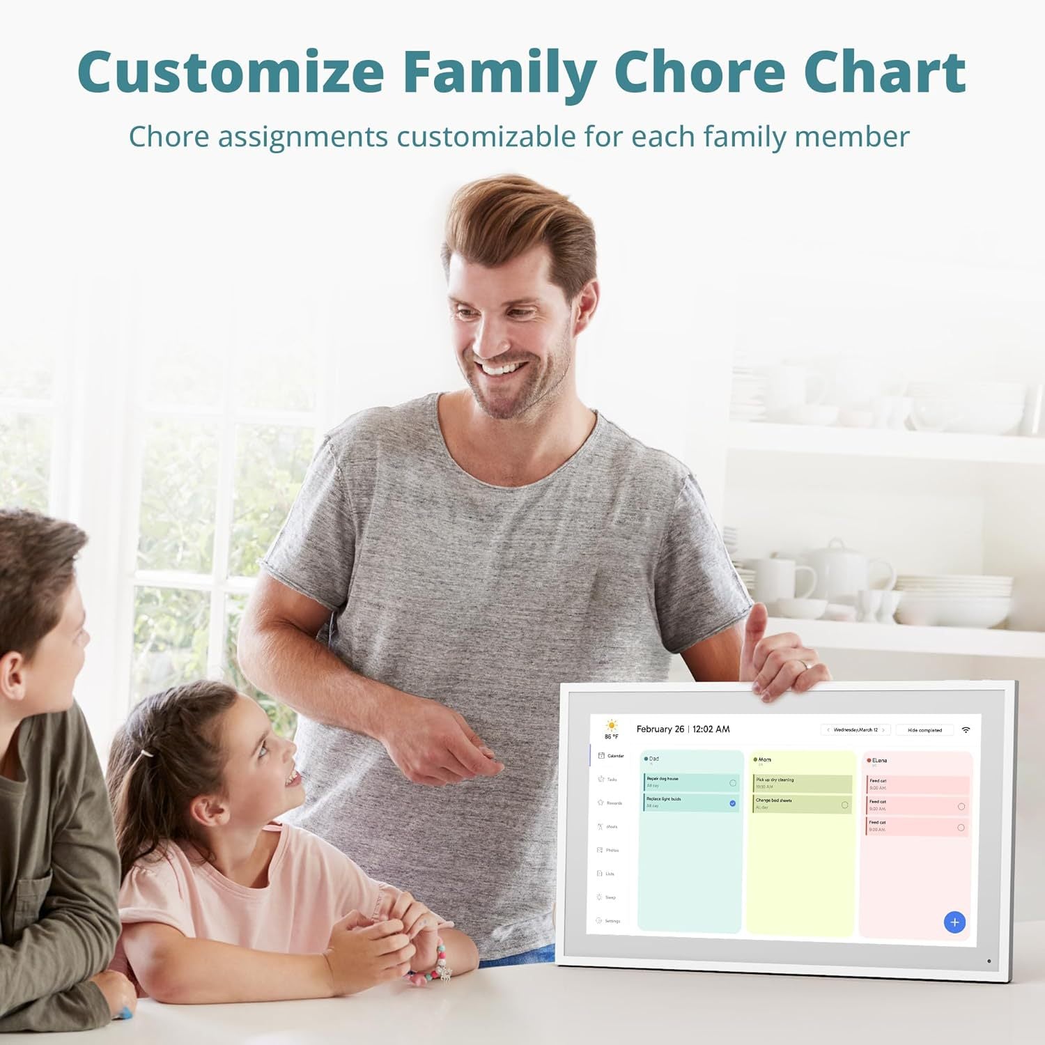 15.6 Inch Smart Digital Calendar Touch Screen - 2-Way Sync Google/iCloud/Outlook, Family Organizer Chore Chart with App for Meal Planning & Photo Share, Wall Mount/Tabletop