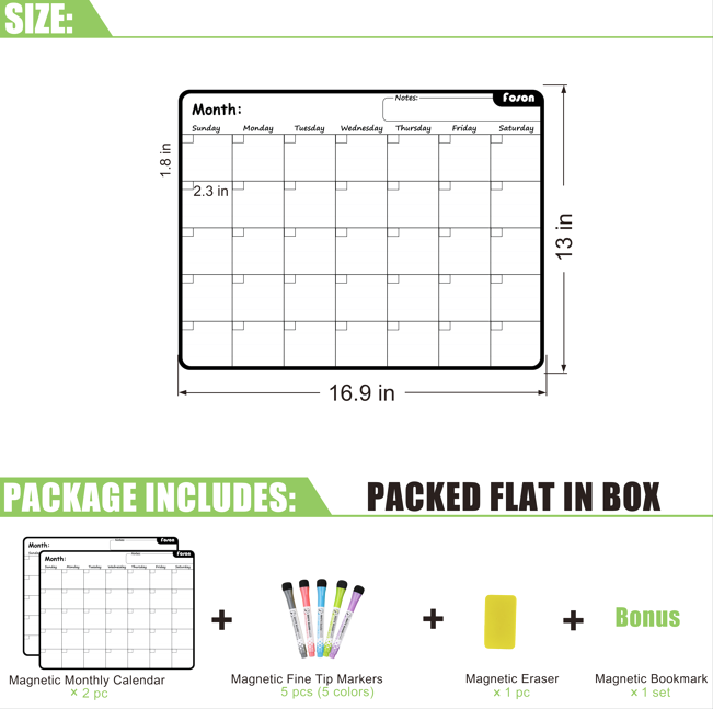 Foson Magnetic Dry Erase Calendar for Refrigerator x2 PCS - 17x13'' Jumbo Monthly Fridge Planner Whiteboard Kit with 5 Fine Point Markers