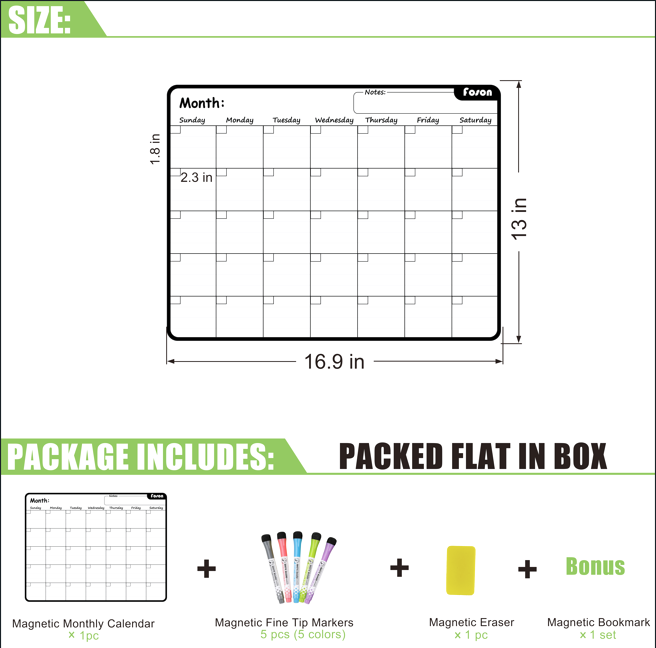 Foson Magnetic Dry Erase Calendar for Refrigerator - 17x13'' Jumbo Monthly Fridge Planner Whiteboard Kit with 5 Fine Point Markers