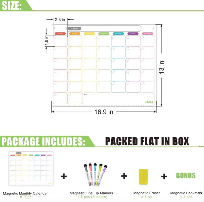 Dry Erase Magnetic Monthly Calendar Kit-Foson Extra Thick Magnetic Monthly Calendar for Refrigerator Include Five Fine Markers&Eraser&Holes for Hanging on The Wall